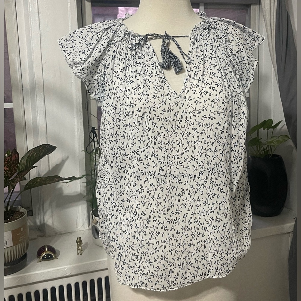 Ulla Johnson White Blouse with Navy Floral Print and Tassel Tie